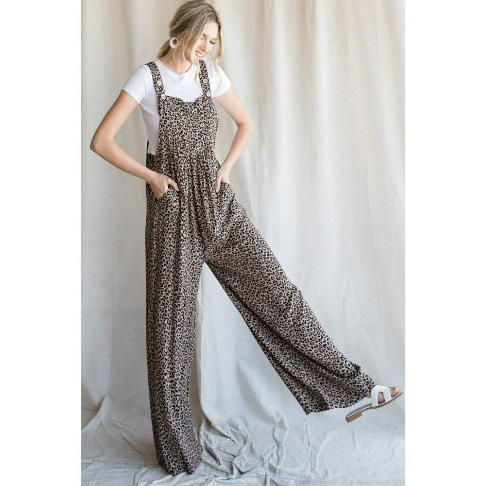 JODIFL Leopard Print Overalls Slouchy Oversized W/ Side Pockets Taupe G4454-1 - Picture 6 of 7